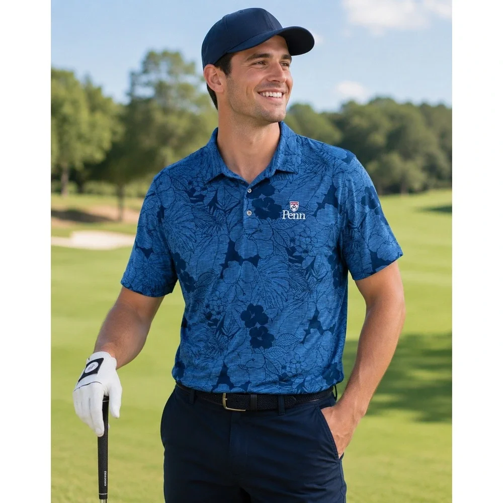 Tommy Bahama Penn University Blue Floral Tropical Polo‎ Shirt Mens XXL Tencel